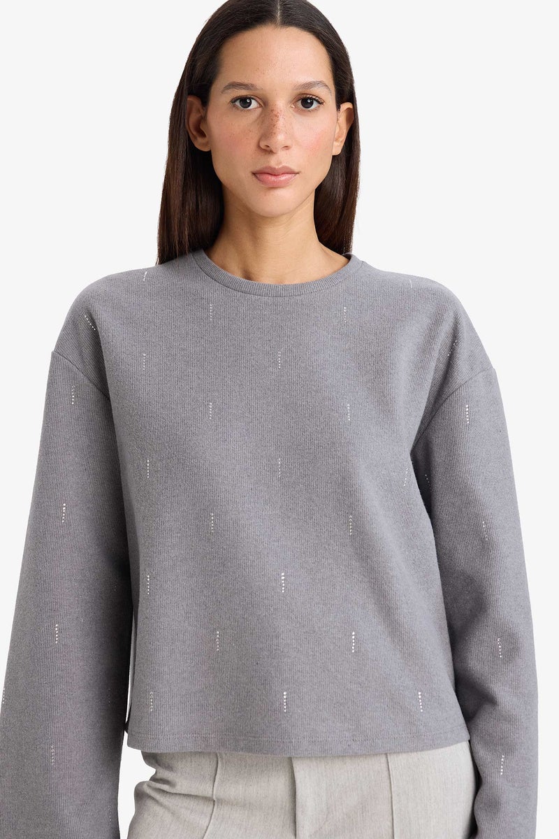 DeFacto Grey Woman Relax Fit Crew Neck Long Sleeve T-Shirt Casual - Image 1